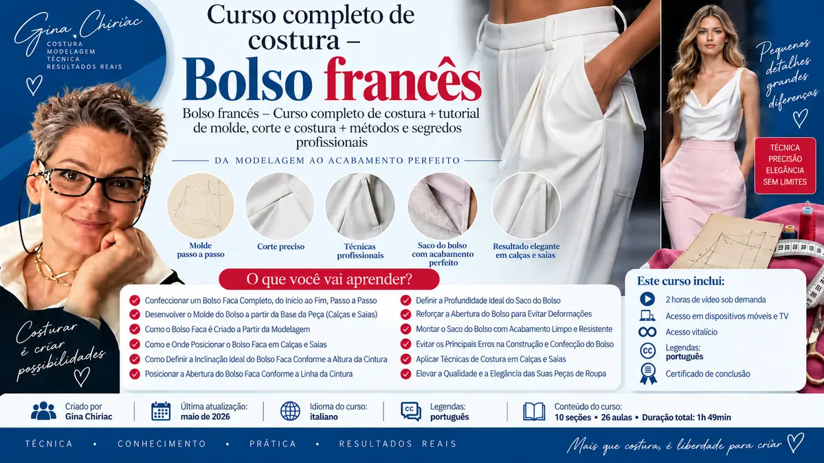 Infográfico do curso de costura de bolso francês