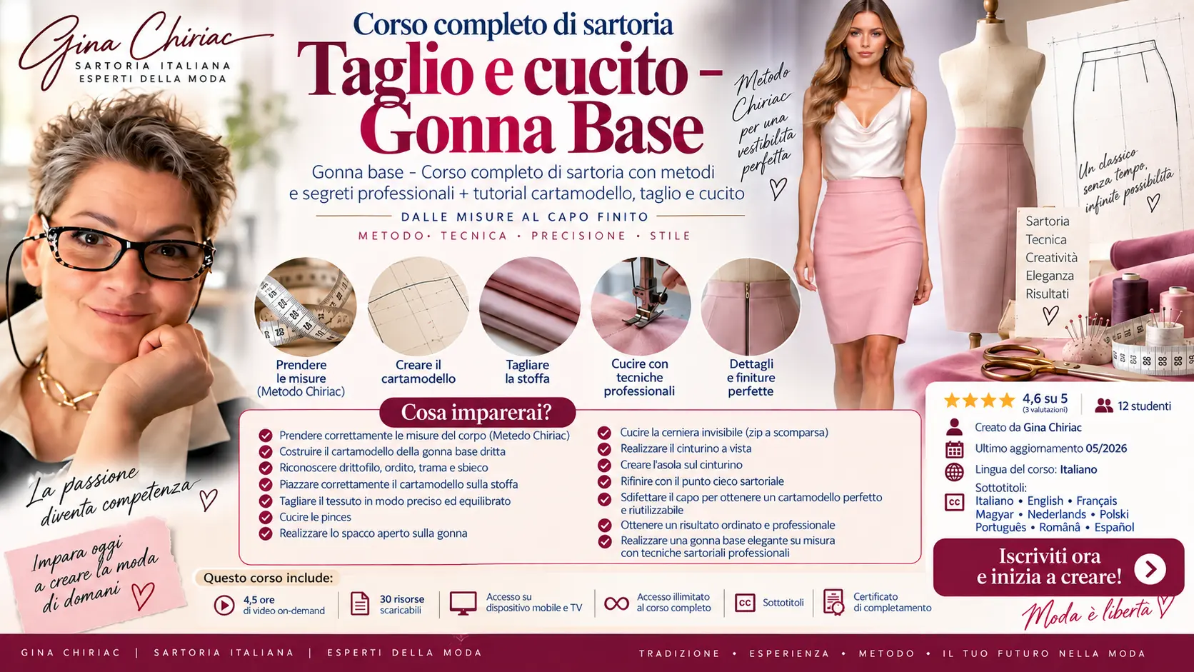 Infografica del corso di sartoria sulla gonna base dritta