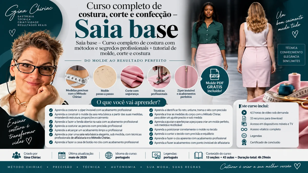 Infográfico do curso de costura de saia reta sob medida